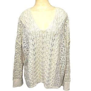 Zara Beige Crochet Cable Knit Sweater Sz S Oversized V Neck Long Sleeve Pullover